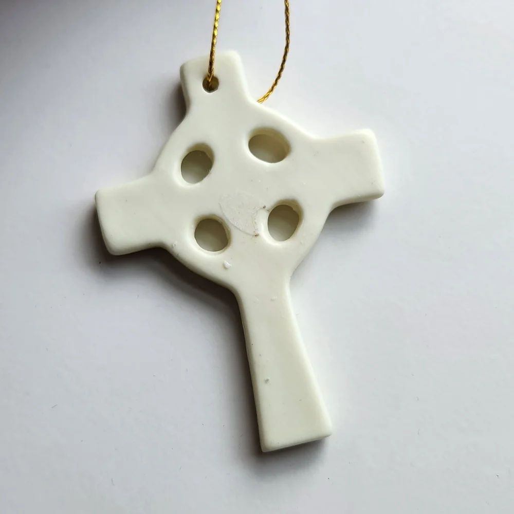 White and Green Ceramic Cross Ornament